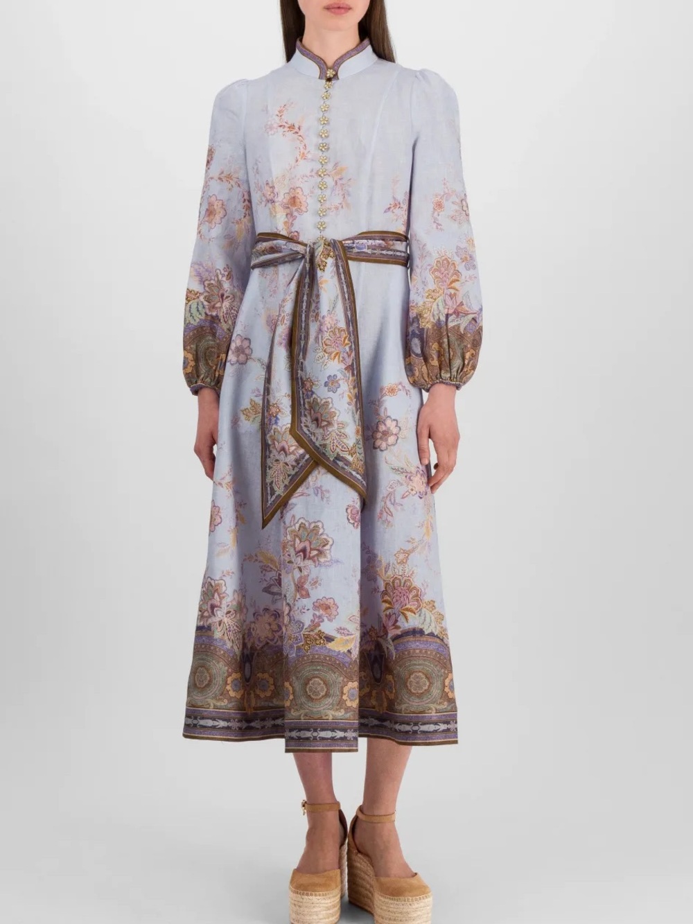 Zimmermann Luna Button Floral Linen Midi-Dress